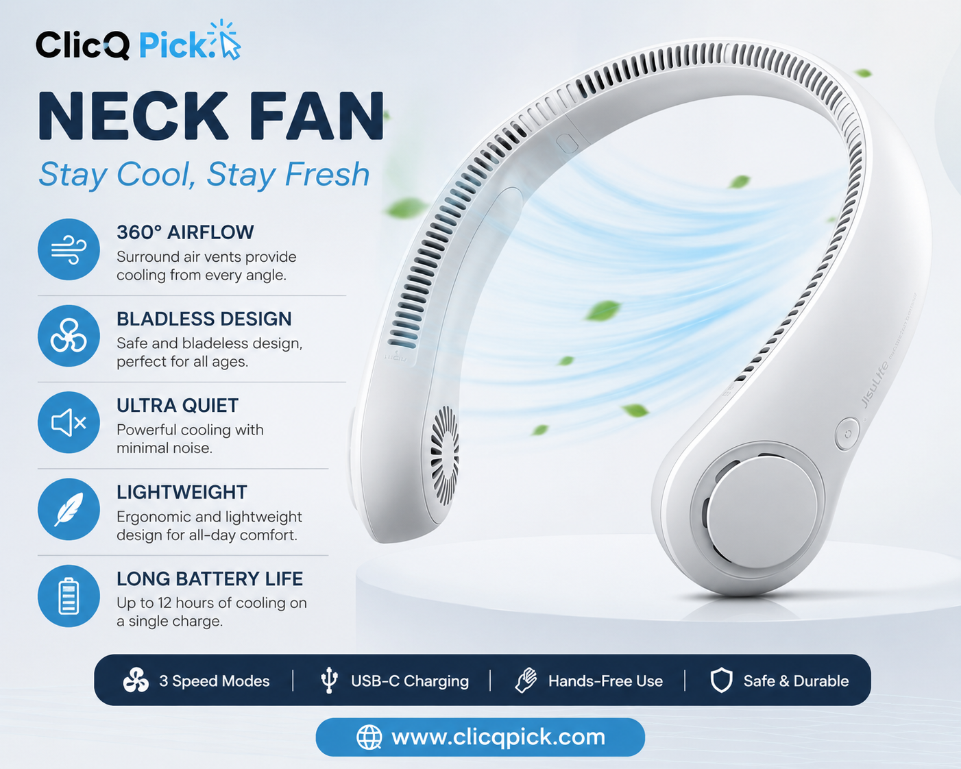 Portable Rechargeable Neck Fan – Hands-Free Cooling with Strong Airflow